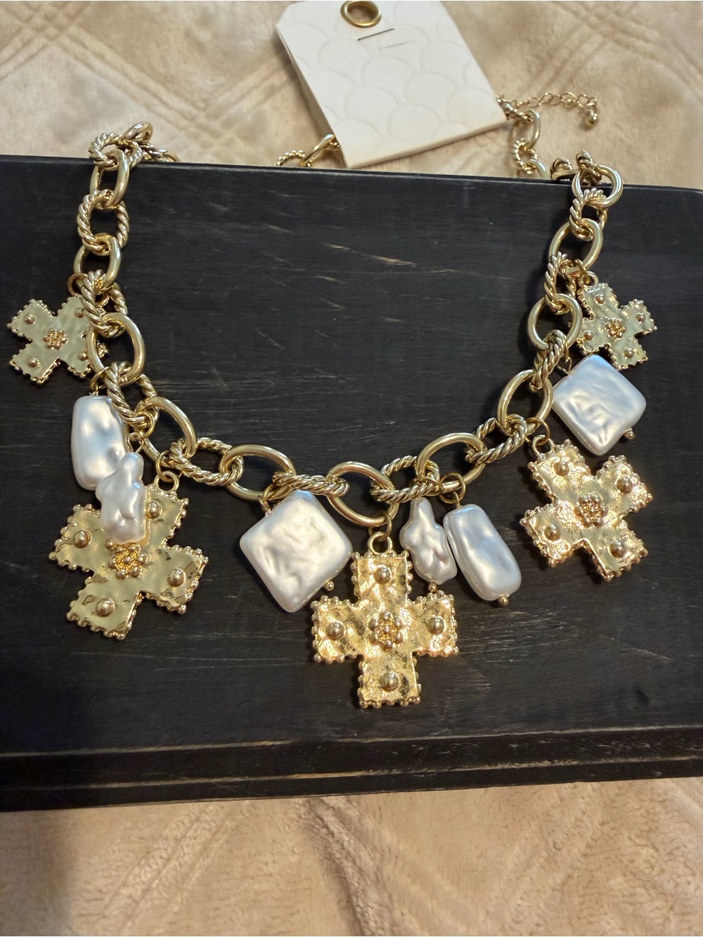 Gold Chain Charm Necklace with Pearl-Look Accents - Women Jewelry NWT.